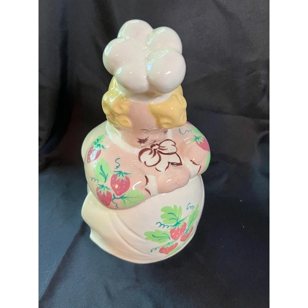 Vintage American Bisque Strawberry Girl Cookie Jar Pink Dress Hand Painted 1940s